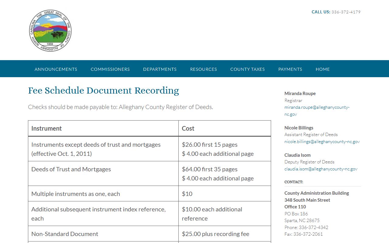 Alleghany County Clerk of Superior Court fee schedule distinction